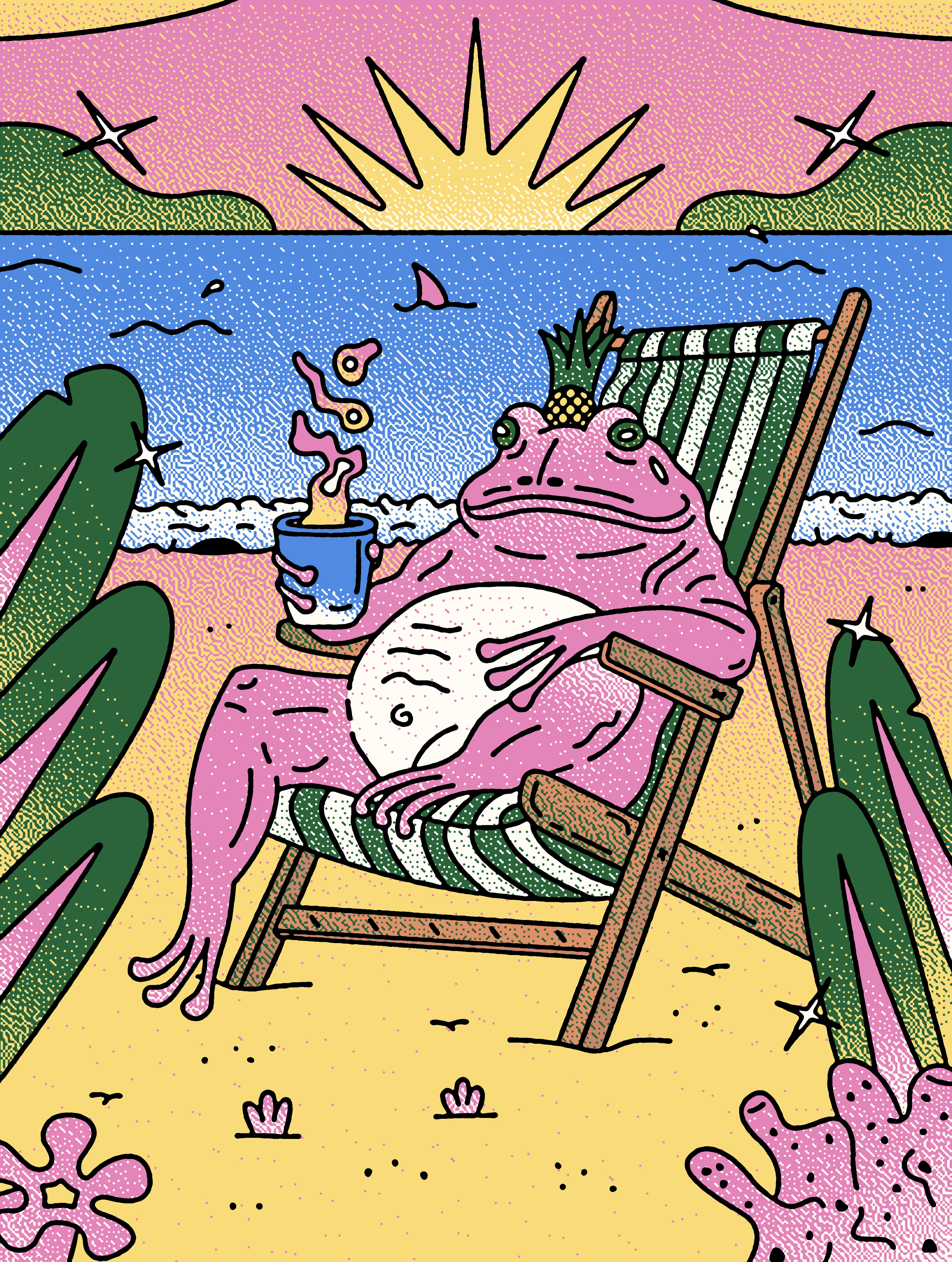 Chilling Frog on the Beach animal illustration beach illustration colorful digital illustration frog frog illustration funny character grain texture halftone illustration stippling summer vibes textured illustration