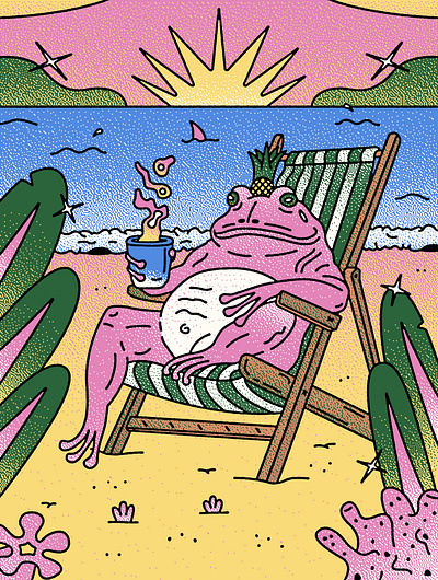 Chilling Frog on the Beach animal illustration beach illustration colorful digital illustration frog frog illustration funny character grain texture halftone illustration stippling summer vibes textured illustration