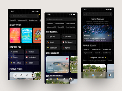 Discover screen variations - UI exploration bottom navigation concert booking dashboard discover ui event booking events festival app festival booking filter list view music app music concert navigation profile screen related search search filter search result search ui suggestion typography