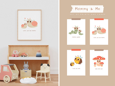 Mommy and Me collection baby bee card cartoon caterpillar character childish design digital illustration mom nursery print snail vector