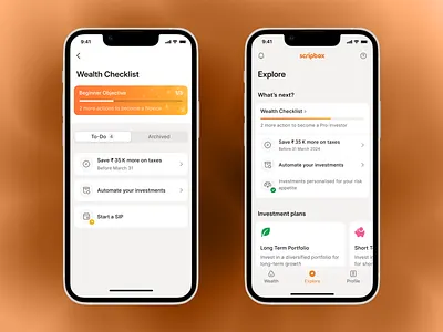 Wealth Checklist - To Do's checklist design explore finance app fintech gamification goal based investing interaction design investment app mobile app personal finance product design progress tracker scripbox tast list to do ui design user experience ux design wealth management