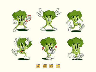 Retro Broccolini Characters 80s 90s branding cartoon character character design design features graphic design graptail illustration logo mascot object retro vector