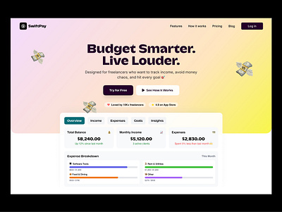 Budgeting Dashboard for Freelancers budgeting app dashboard everydollar finance fintech freshbooks gradient mint monarch money personal finance product design quickbooks ui ux web web app web design website design ynab zoho books