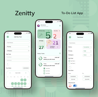 Zenitty - Minimal To-Do List App appinterface calmdesign cleanui dailyui figmadesign greenui iosdesign lightmode microux minimaldesign mobile app mobileappdesign pastelcolors productivityapp taskmanager tasktracker todoapp uiinspiration userexperience uxuidesign