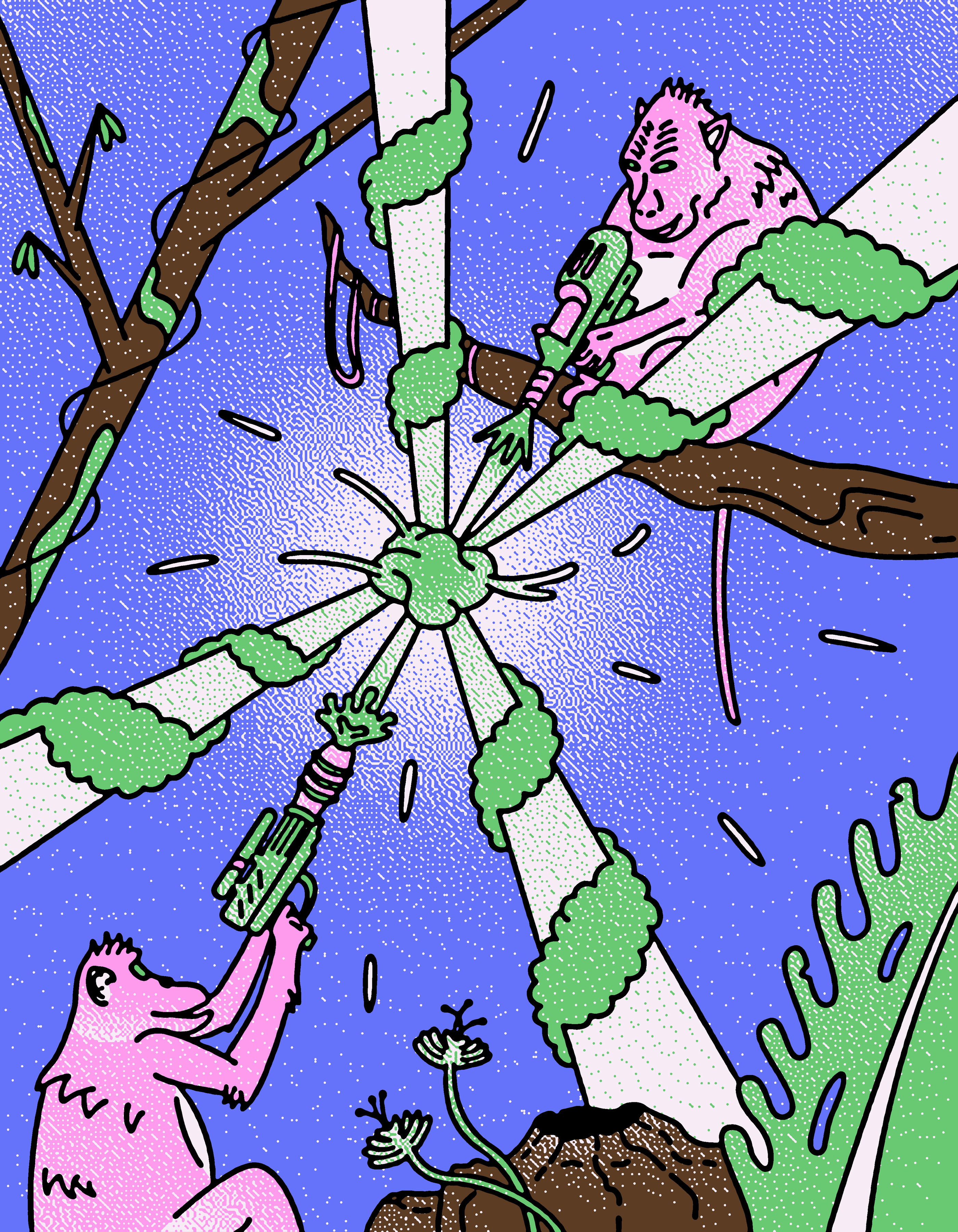 Water Gun Monkeys animal illustration digital illustration illustration jungle monkey drawing monkeys nature illustration playful illustration pointillism summer vibes textured illustration vibrant colors water guns water pistol