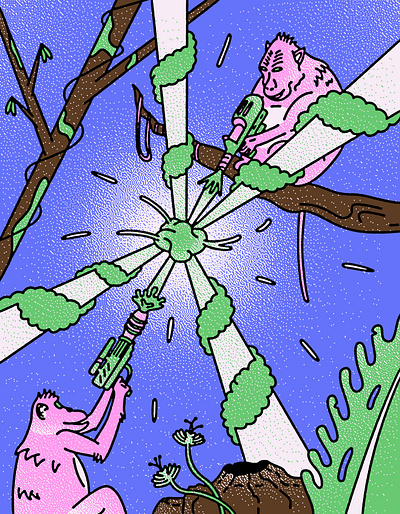 Water Gun Monkeys animal illustration digital illustration illustration jungle monkey drawing monkeys nature illustration playful illustration pointillism summer vibes textured illustration vibrant colors water guns water pistol