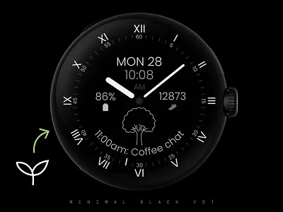 Minimal Black v31 Watch Face For Wear OS black classic design google graphic design hybrid illustration minimal samsung smartwatch technology tree ui watch watch face watchface wear os
