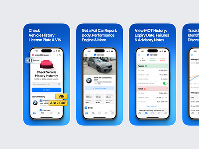 Car Check App screenshots app store aso automotive branding car check design figma gradient graphic design illustration ios iphone mockup modern play market screenshots templates typography ui