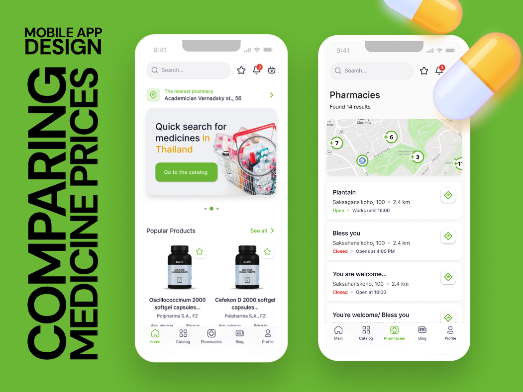 Mobile App for Comparing Medicine Prices android business design system farmacy flutter ios medicine mobile app design pharmacy pills ui design ui kit uiux design ux design