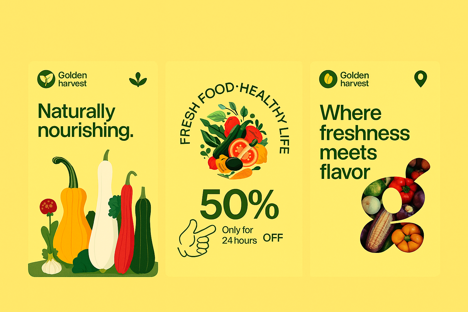 Fresh, Flavorful & Nourishing – Golden Harvest Promo Design branding cleanlayout discountbanner foodbranding freshfood graphicdesign healthyfood illustration minimaldesign modernstyle organicvibes promodesign typographydesign veggies yellowtheme