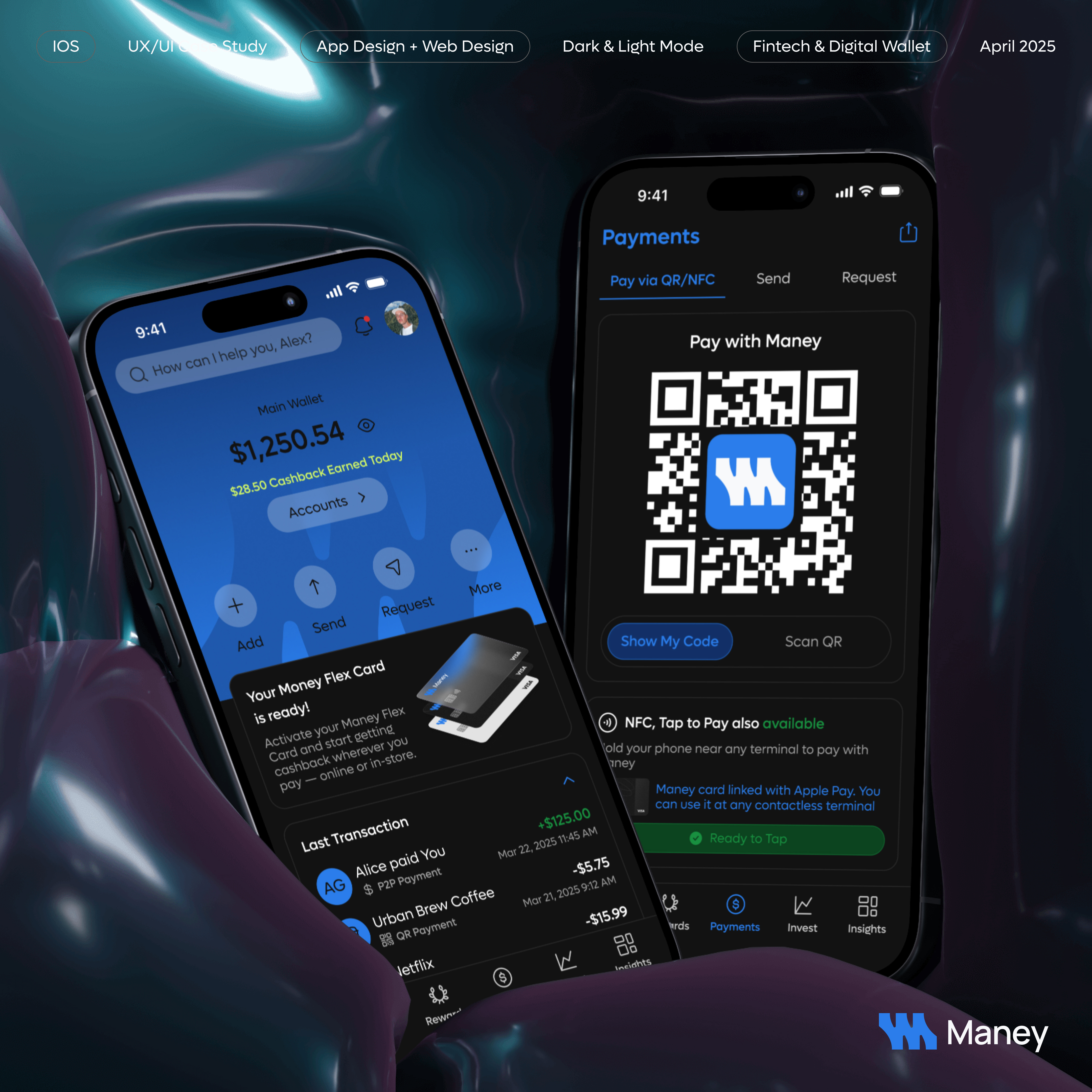 Digital Wallet Mobile App, Fintech, UX/UI Case Study case study cashback dark mode dashboard digital wallet expense finance finance ui finance ux fintech landing page mobile app mockup payment portfolio ui ux ux case study wallet web design