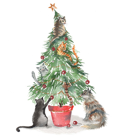 Cats on a Christmas Tree Watercolour cat cats christmas christmas card christmas tree design festive greetings card hand painted illustration watercolor watercolour