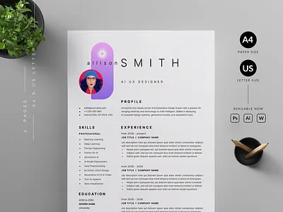 Resume/CV ai ai designer ai resume branding cover letter cv template design graphic design illustration modern print professional resume resume template ui us letter ux designer vector word word template