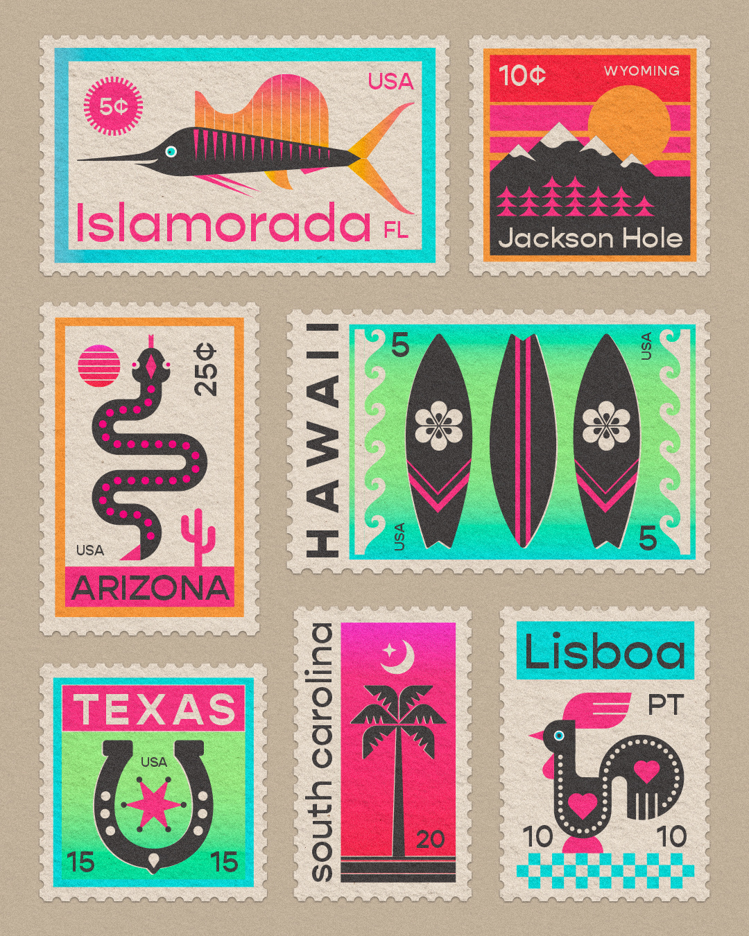 Summer Travels arizona art brand brand assets branding concept creative design florida graphic art graphic design hawaii illustration logo postage summer texas travel vector