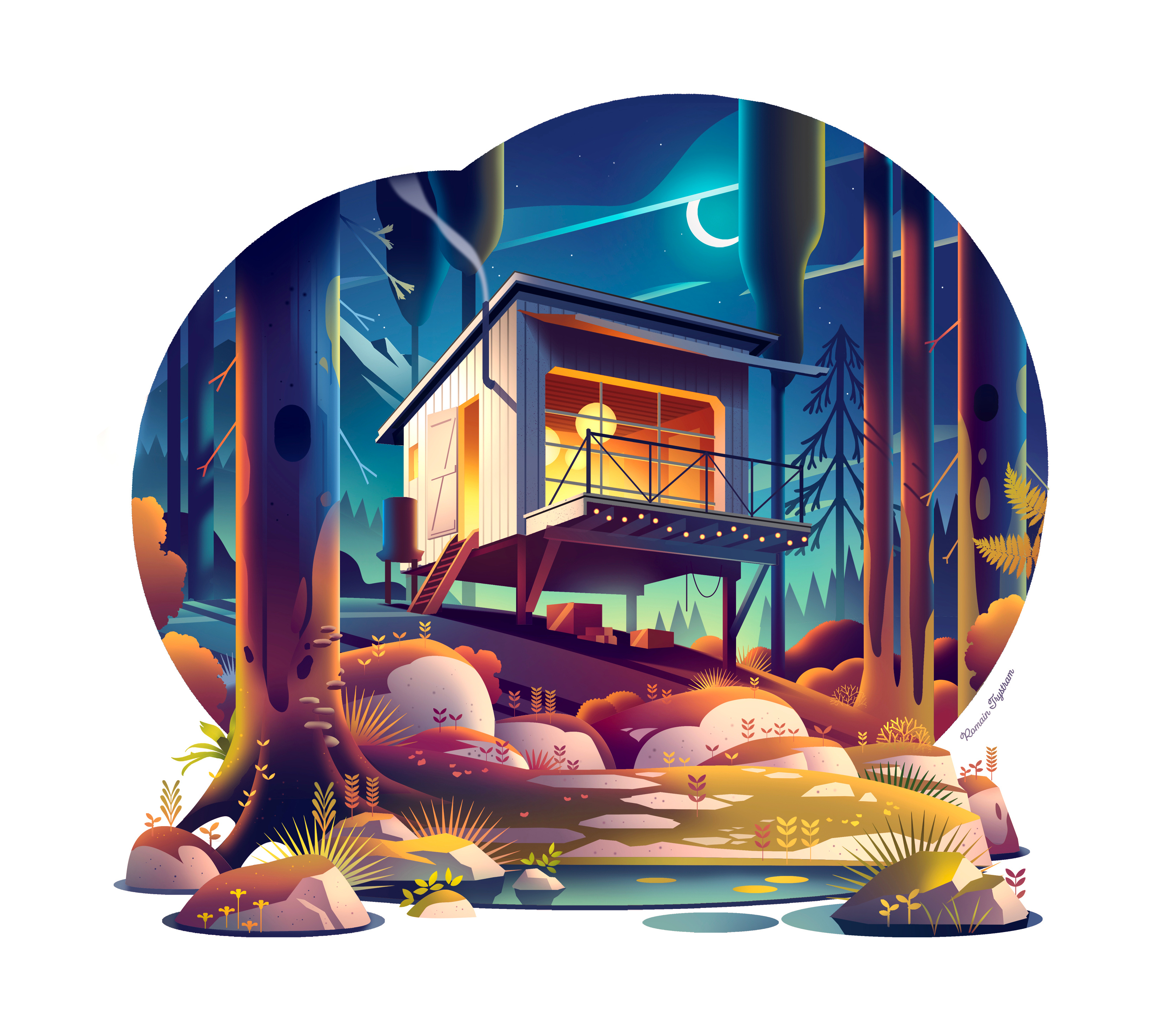 Off grid cabin 🌙 art cabin digital discovery drawing illustration journey mood mountain photoshop print woods