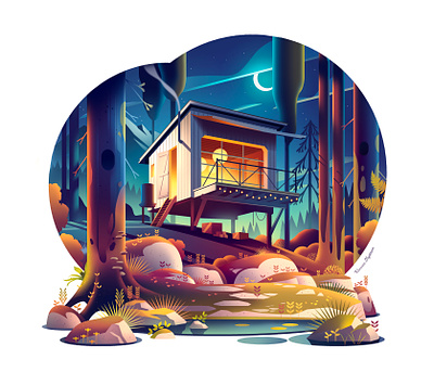 Off grid cabin 🌙 art cabin digital discovery drawing illustration journey mood mountain photoshop print woods