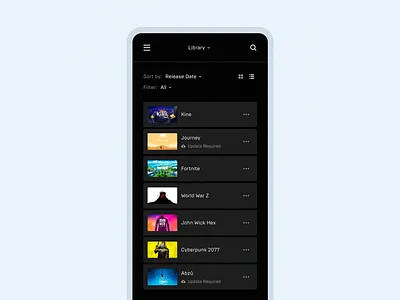 Dark Mode Game Library UI Design app interface clean layout filter menu game dashboard game library gaming platform list view mobile design mobile ui product design smart interface sorting feature ui design ui elements uiux user experience ux design