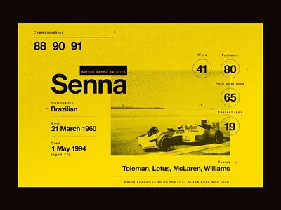 Racing Legacy Visual Data Design data visualization driver profile driver stats flat composition formula one hero section interactive infographic motorsport design performance metrics racing dashboard racing interface senna tribute sports ui typography ui layout ui tribute ux concept visual identity