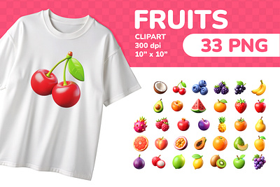 Fruits PNG Clipart Set 33 Items for Sublimation & Print 3d cartoon clipart colorful education emoji fresh fruits icon icons illustration isolated juicy png printable set sticker sweet tropical ui