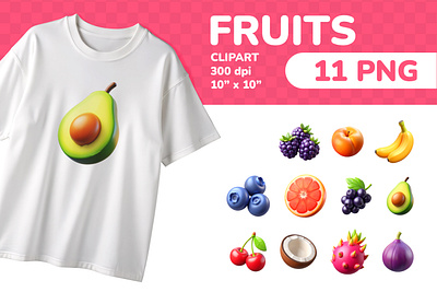 Fruits PNG Clipart Set 11 Items for Sublimation & Print 3d cartoon clipart colorful education emoji fresh fruits icon icons illustration isolated juicy png printable set sticker sweet tropical ui