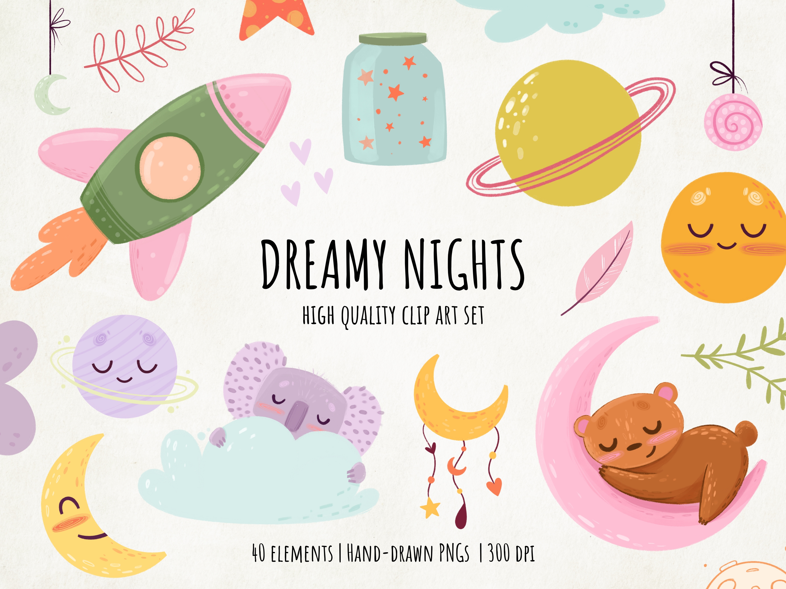 40 Dreamy Nights PNG Clipart – Sleepytime Illustrations for Kids cute illustration dreams dreamy illustration sleepy animal stars
