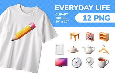 Everyday Life PNG Clipart Set 12 Items for Sublimation 3d cartoon clipart colorful domestic education emoji everyday home icon icons illustration isolated lifestyle objects png printable set sticker ui