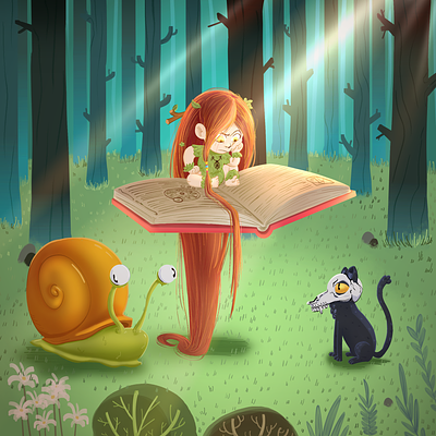Little wild witch studying childs book digitalart illustration