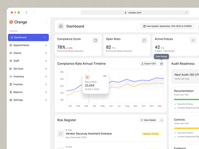 GRC Dashboard admin app b2b compliance dashboard data desktop desktop app enterprise grc interaction product design reporting saas tracking ui uiux ux web web app