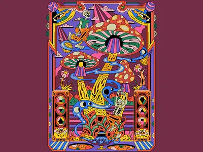 Fantasy Mushroom World – Trippy Skeleton Illustration