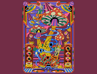 Fantasy Mushroom World – Trippy Skeleton Illustration