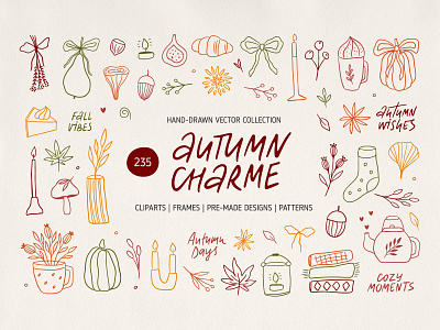 Autumn Charme Hand Drawn Doodle Set autumn illustration autumn leaves cartoon cozy autumn doodle doodles fall festival fall season floral graphic design hand drawn harvest harvesting fruit line art poster pumpkin thanksgiving vector whimsical