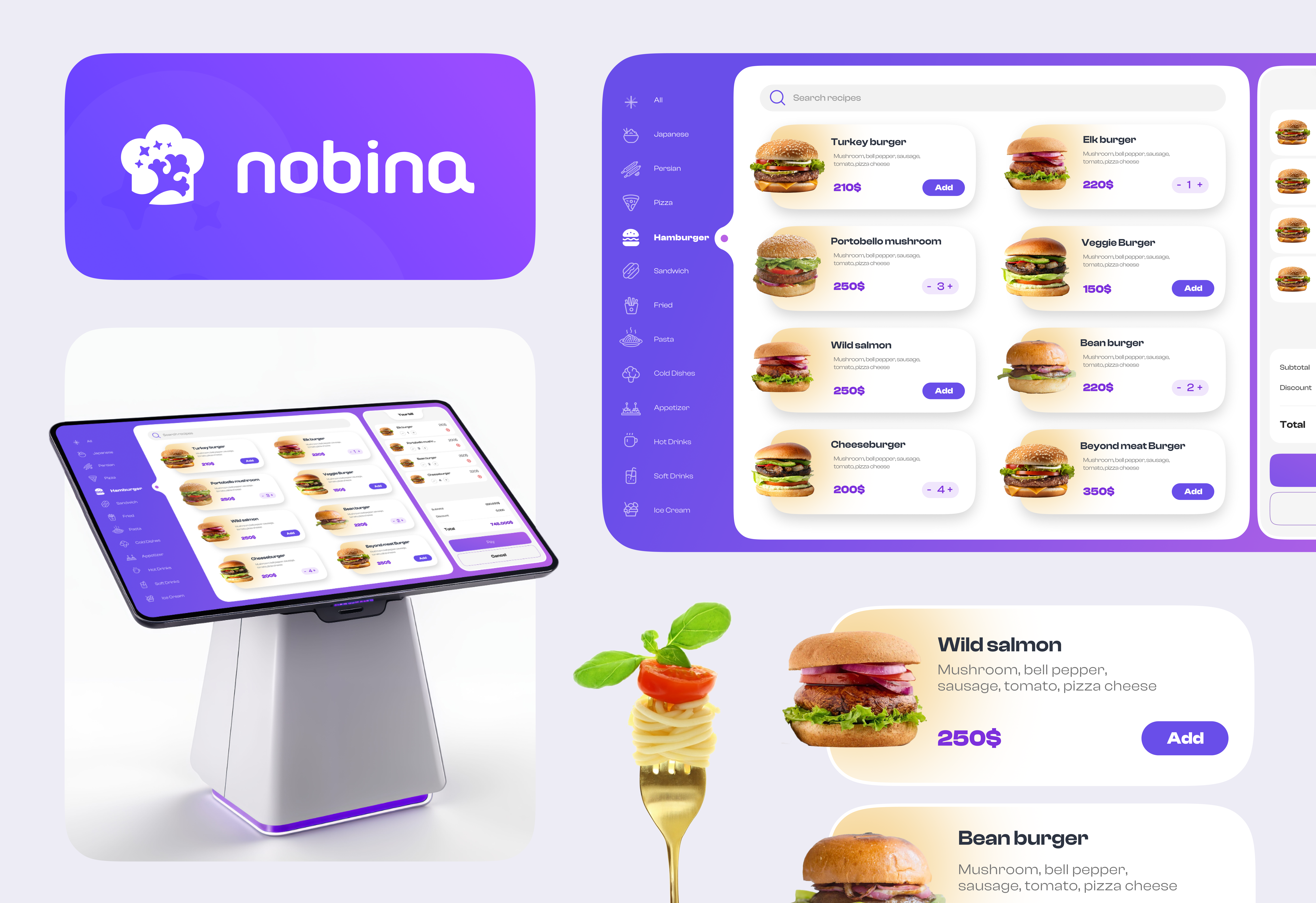 Nobina Kiosk 3d animation branding food foodcourt graphic design kiosk logo order physical product design product design resturant service design software ui uiux user interface