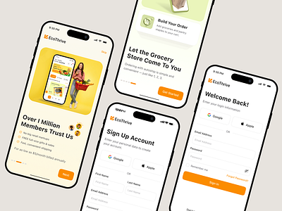 Grocery App Onboarding & Login UI – Shop Smarter, Faster app app design food delivery app grocery grocery app ios login screen login ui mobile mobile app mobile onboarding onboarding onboarding screens product design shopping app ui sign in sign up sign up page signup
