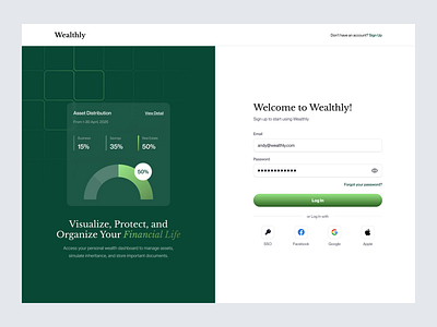 Wealthly – Wealth Management Authentication Screen animate assets authentication screen b2b clean dipa inhouse finance fintech investment login modern design onboarding screen saas sign up startup ui uiux wealth wealth tech web design
