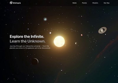 Orbitopia — Futuristic Space Exploration Hero Section animation clean design dark mode dashboard futuristic design graphic design hero section illustration landing page logo motion graphics saas saas design space uiux web design web3