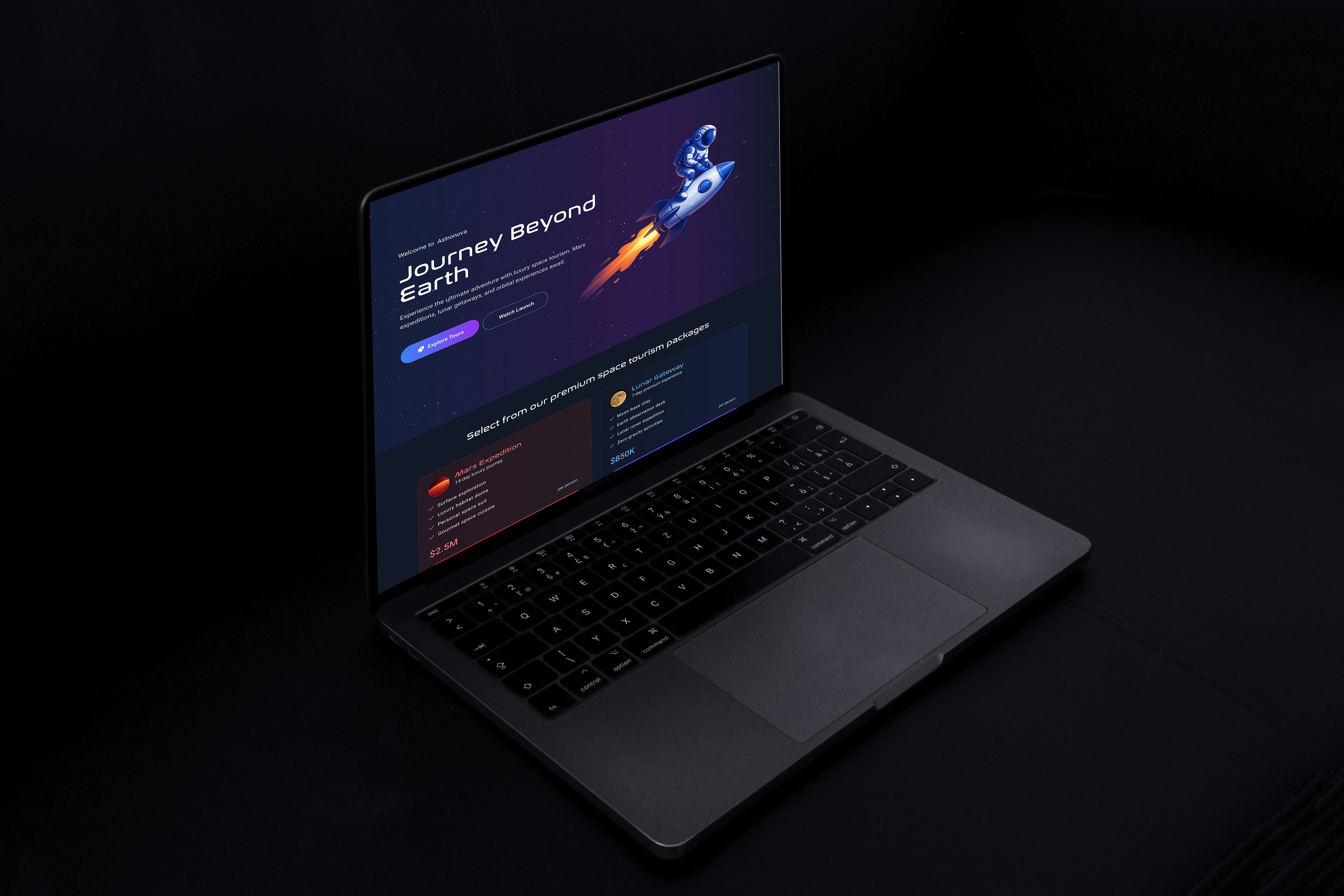 🪐 AstroNova — A Fictional Space Tourism cinematic figma futuristic graphic design modern space ui uiux user experience user interface web design website website design wireframe