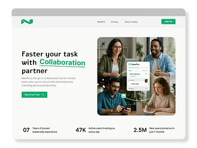NewPro - Collaboration Tool Landing Page clean layout collaboration platform conversion focused figma ui landing page minimal design productivity tool remote work design responsive web design saas landing page startup website ui user experience ux ux design web app ui webflow development wordpress development