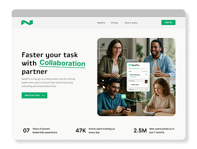 NewPro - Collaboration Tool Landing Page clean layout collaboration platform conversion focused figma ui landing page minimal design productivity tool remote work design responsive web design saas landing page startup website ui user experience ux ux design web app ui webflow development wordpress development