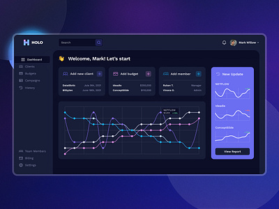 Holo - Marketing platform, Home page ad advertisement chart clean dark mode dashboard design light mode marketing navigation responsive saas sidebar tools ui ux web web platform