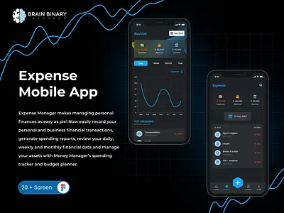 Modern Expense Tracker Mobile App – Dark Theme UI budget tracker dark mode ui expense app figma design