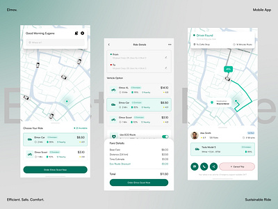 Elmov - Modern Sustainable Ride Rent Mobile App Design ai app app design corporate digital product elegant machine learning minimalist mobile mobile app mobile app ui mobile design mobility app product design professional ride rent startup ui vehicle web design