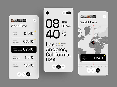 World Time Mobile App UI app app design app design inspiration figma global clock global time tracker ios map interface minimal design mobile app mobile app ui monochrome ui product design time zone design travel app typography ui ui ux design world clock app