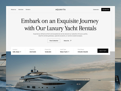Aquavita - Luxury Yacht Rental Website booking platform brand experience clean interface design design for travel graphic design luxuryui luxurywebsite minimal ux premium design travel website travelling typography ui uxui valmax webdesign website yacht rental yachts