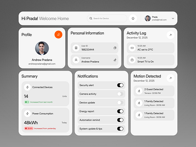MiHome - Smart Home Widget activity log card dashboard design detection home control iot minimal modern monitoring notifications personal information profile smart home summary technology ui ux website widget