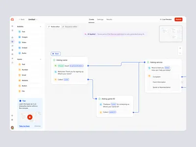 Chatform – Create Custom Bots for SaaS CRM ai automation bot builder chat bot crm customer relationship management customer support dashboard flow builder interaction design node editor product design saas saas design sequence editor ui ux web design