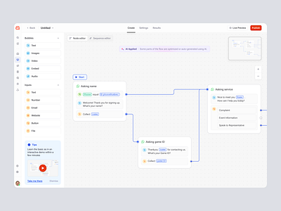 Chatform – Create Custom Bots for SaaS CRM ai automation bot builder chat bot crm customer relationship management customer support dashboard flow builder interaction design node editor product design saas saas design sequence editor ui ux web design
