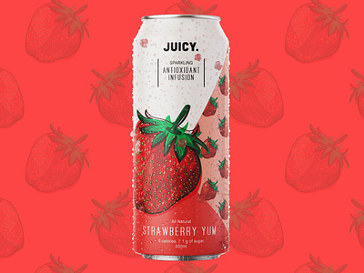 Strawberry Antioxidant Infusion Water by Juicy antioxidant beverage brand branding branding design can drink drink packaging illustration juicy label label design packaging packaging design pattern product packaging sparkling water strawberry visual identity water