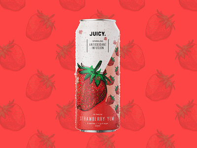 Strawberry Antioxidant Infusion Water by Juicy antioxidant beverage brand branding branding design can drink drink packaging illustration juicy label label design packaging packaging design pattern product packaging sparkling water strawberry visual identity water