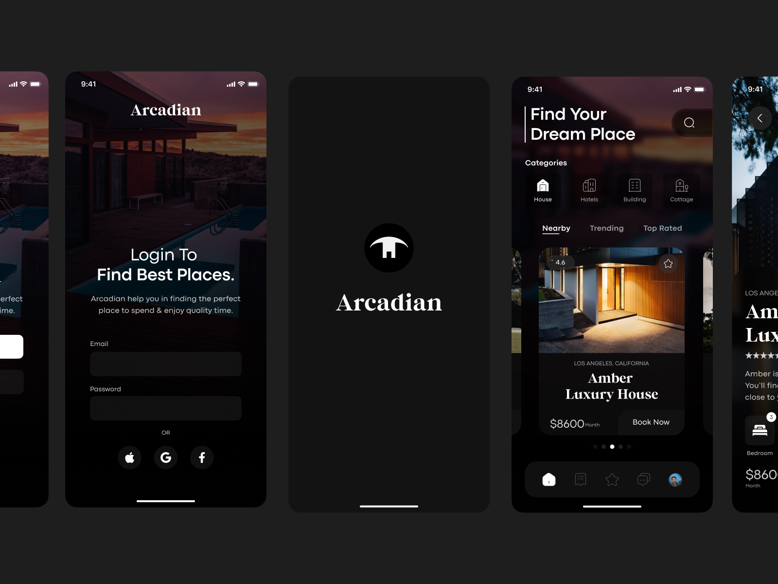 Arcadian - Luxury Vacation Rental App UI UX Design Animation airbnb animation app app design house rental app luxury rental luxury rental app mobile app real estate app rental app rental mobile app ui ui design ui ux design