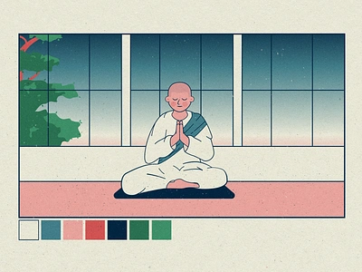 Meditate character bokashi bow character design gradient meditation monk nun paper press print shala sit ukiyo e wai woodblock zen